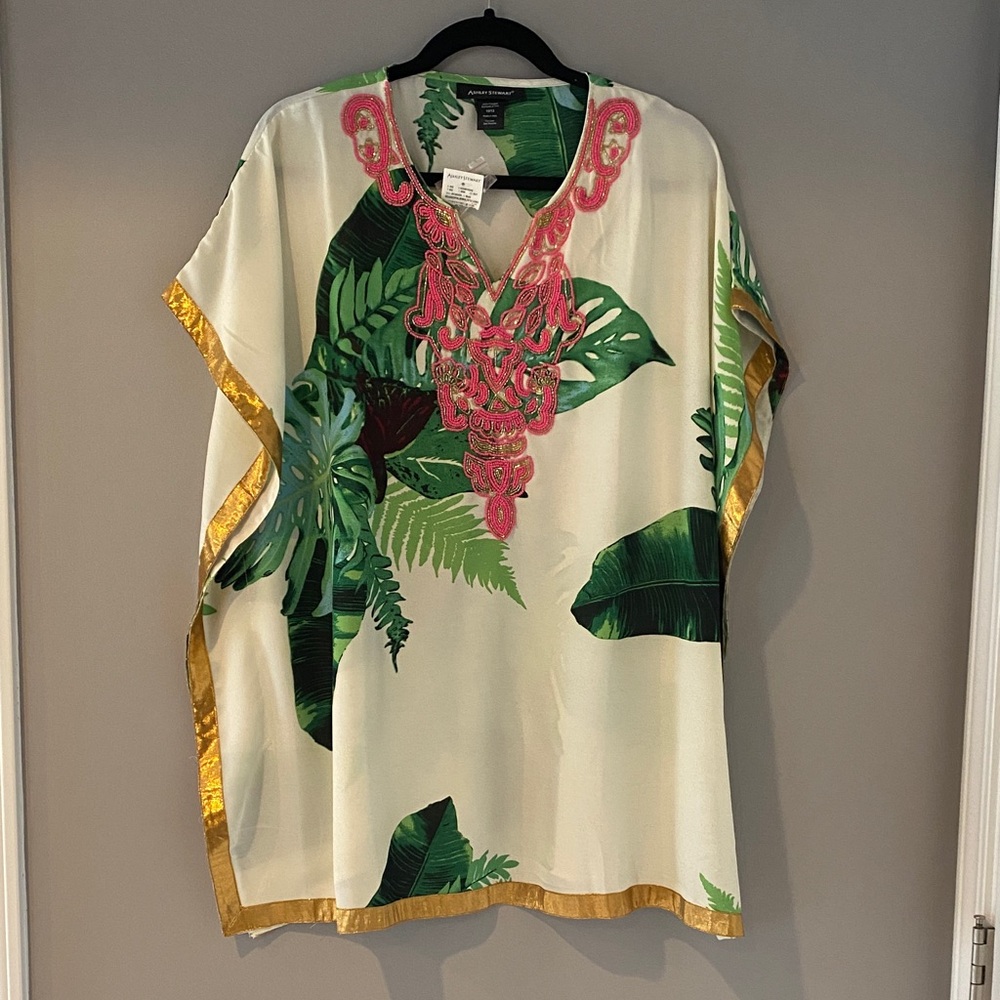 Ashley Stewart Cream Tunic with Green Tropical Leaf Print & Pink Embroidery
